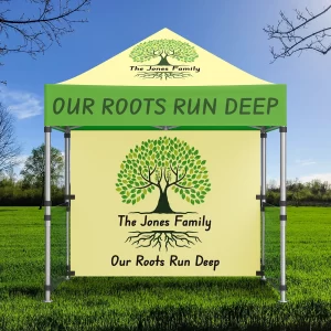 GREEN AND YELLOW TENT WITH FAMILY TREE AND MOTTO
