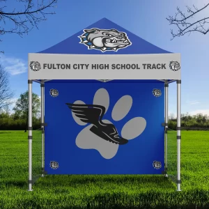 BLUE AND GRAY CUSTOM TENT FOR TRACK AND FIELD