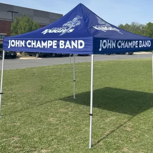BLUE CUSTOM TENT WITH WHITE WRITING AND LOGO