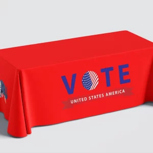 RED TABLECLOTH WITH VOTE ON THE FRONT